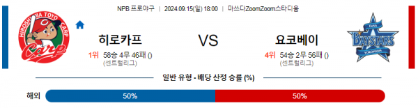 9월 15일 1800 NPB 히로시마 요코하마 한일야구분석 스포츠분석