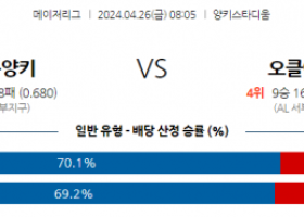 4월26일 MLB 뉴욕양키스 오클랜드 해외야구분석 스포츠분석