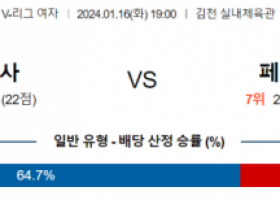 1월 16일 1900 V리그 여자 도로공사 vs 페퍼저축은행 국내배구분석