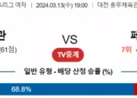 3월13일 1900 V리그 여자 안양정관장 vs 페퍼저축은행 국내배구분석