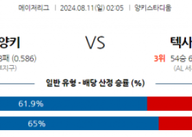 8월11일 02:05 MLB 뉴욕양키스 텍사스 해외야구분석 스포츠분석