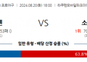 8월 20일 18:00 NPB 라쿠텐 소프트뱅크 한일야구분석 스포츠분석