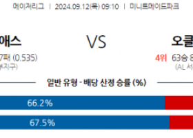 9월12일 09:10 MLB 휴스턴 오클랜드 해외야구분석  스포츠분석