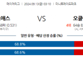 9월13일 03:10 MLB 휴스턴 오클랜드 해외야구분석 스포츠분석