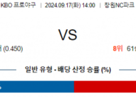 9월 17일 14:00 KBO NC 한화 한일야구분석 스포츠분석