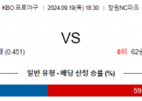 9월 19일 18:30 KBO NC 한화 한일야구분석 스포츠분석