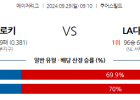 9월29일 09:10 MLB 콜로라도 LA다저스 해외야구분석 스포츠분석