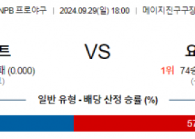 9월 29일 18:00 NPB 야쿠르트 요미우리 한일야구분석 스포츠분석